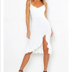 Boohoo white ruffle hem dress